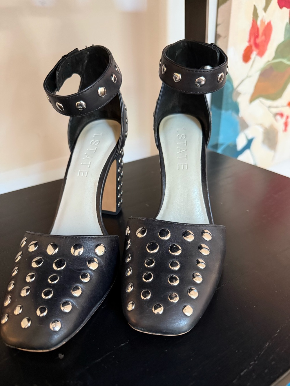 1. State Black Studded Ankle-Strap Block Heels